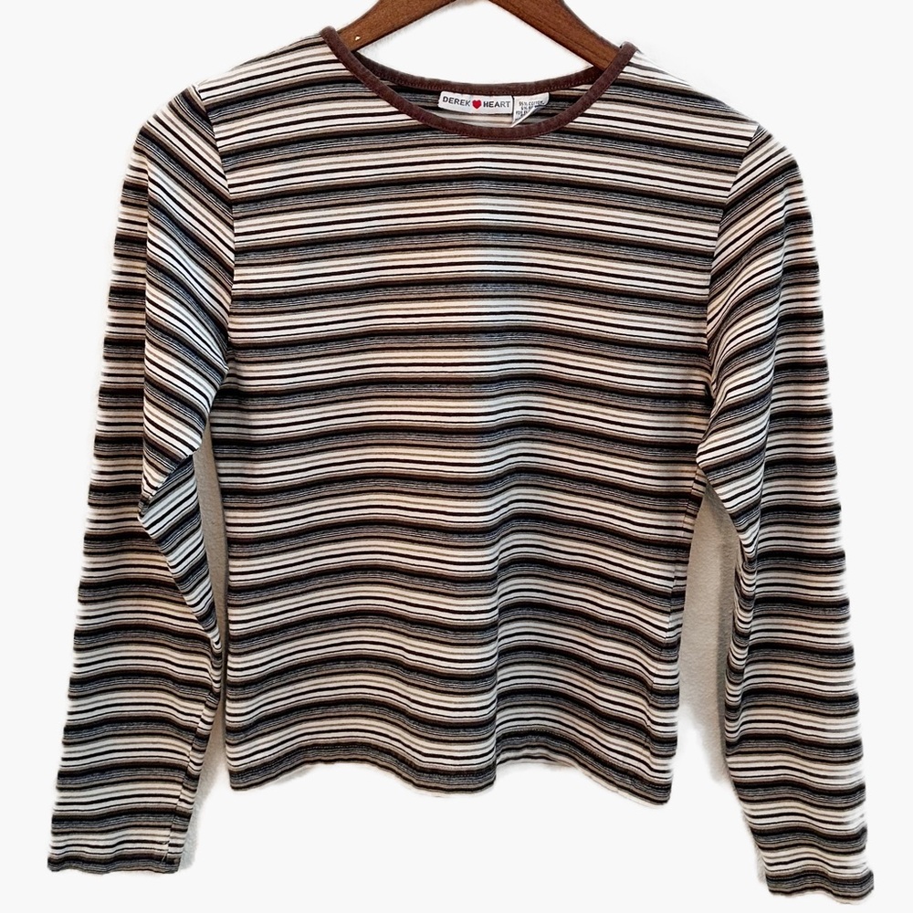 Vintage Derek Heart Brown Striped Fitted Long Sleeve Tee Size M